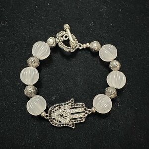 Silver Carved Moonstone Beads Hamsa Hand Bracelet w/Toggle Clasp 8 inches